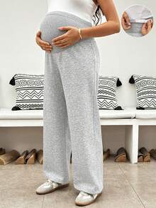 SHEIN 孕婦純色可調腰寬腿休閒柔軟運動褲家居休閒夏季 - 灰色 - 查看 3