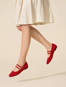 CUCCOO BASICS Women's Shoes Fashion Versatile Square Toe Double Strip Red Flat Shoes Knitted Mary Jane Shoes Fall Shoes - Red - View 9
