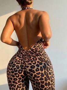 SHEIN SXY Sexy Leopard Print Backless Halter Neck Zipper Tight Jumpsuit - Multicolor - View 2