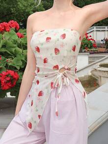 Kawaii ROMWE X Elena Katey Strawberry Print Asymmetric Hem Summer Tube Top, Y2K Style, Mesh Fabric - Apricot - View 2