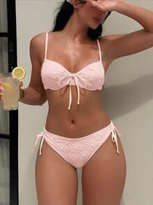 女款休閒度假海灘派對優雅細肩帶特殊面料純黃色比基尼兩件式泳衣 夏季新款 - 淺粉色 - 查看 5