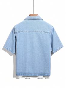 GALLERY FADE Áo sơ mi denim nam tay ngắn, màu trơn, cài cúc phía trước và có túi, kiểu dáng thường ngày. - Màu xanh lam - Xem 6