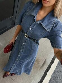 DAZY Women's Loose Casual Long Denim Short Sleeve Dress, Summer - Blue - View 3