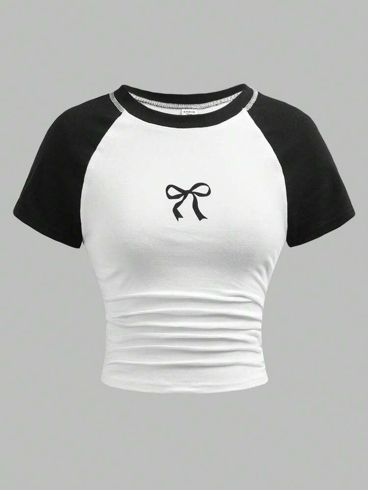 SHEIN Teen Girls Spring Summer Black White Knit Round Neck Raglan Sleeve Color Block Patchwork Bow Print Ruched Waist Casual Street Minimalist Top T-Shirt - Black - View 5