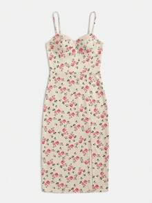 lacRébo Floral Print Woven Fitted Slit Front Midi Dress With Adjustable Straps And Smocked Back Summer Holiday Romantic Cute French Style Dress - Apricot - View 6