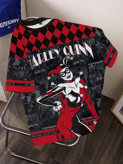Harley Quinn X SHEIN Camiseta Feminina de Verão Casual para o Dia a Dia com Gola Redonda, Blocos de Cor e Estampa de Letra e Desenho Animado