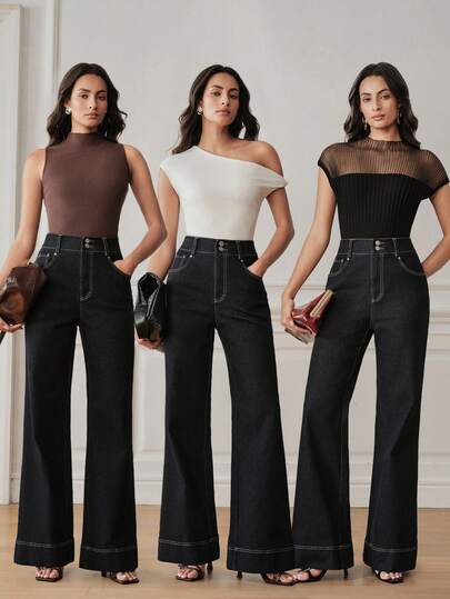 Anewsta Quần jean ống loe nữ denim wash phong cách hiện đại thời trang, phối đường chỉ tương phản tối giản, năng động đa năng, phù hợp đi làm và đi lại hàng ngày