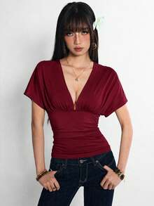 Rina Fox 女款薄荷藍深V領露背繫帶短袖性感修身上衣 - 酒紅色 - 查看 7