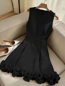 SHEIN Franclia Women's Solid Color Casual Minimalist Party Dress For Summer - Black - View 4