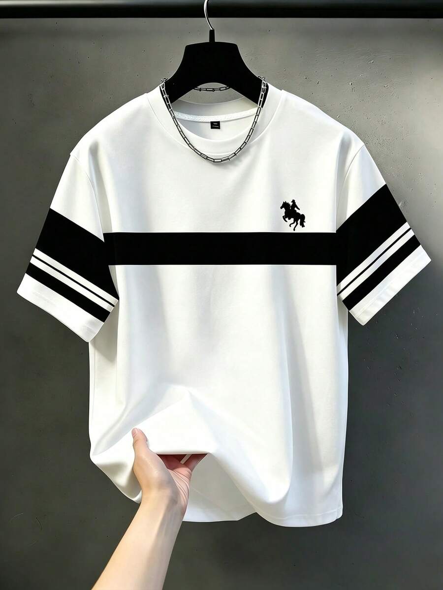 Manfinity Homme 男士休閒舒適上衣,大尺碼男士時尚T恤,男士優雅百搭上衣套裝 - 黑與白 - 查看 1