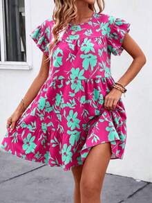 Breezaya Women Summer Solid Color Round Neck Loose Babydoll Dress With Ruffle Trim Vacation Beach Outfit - Multicolor - View 6