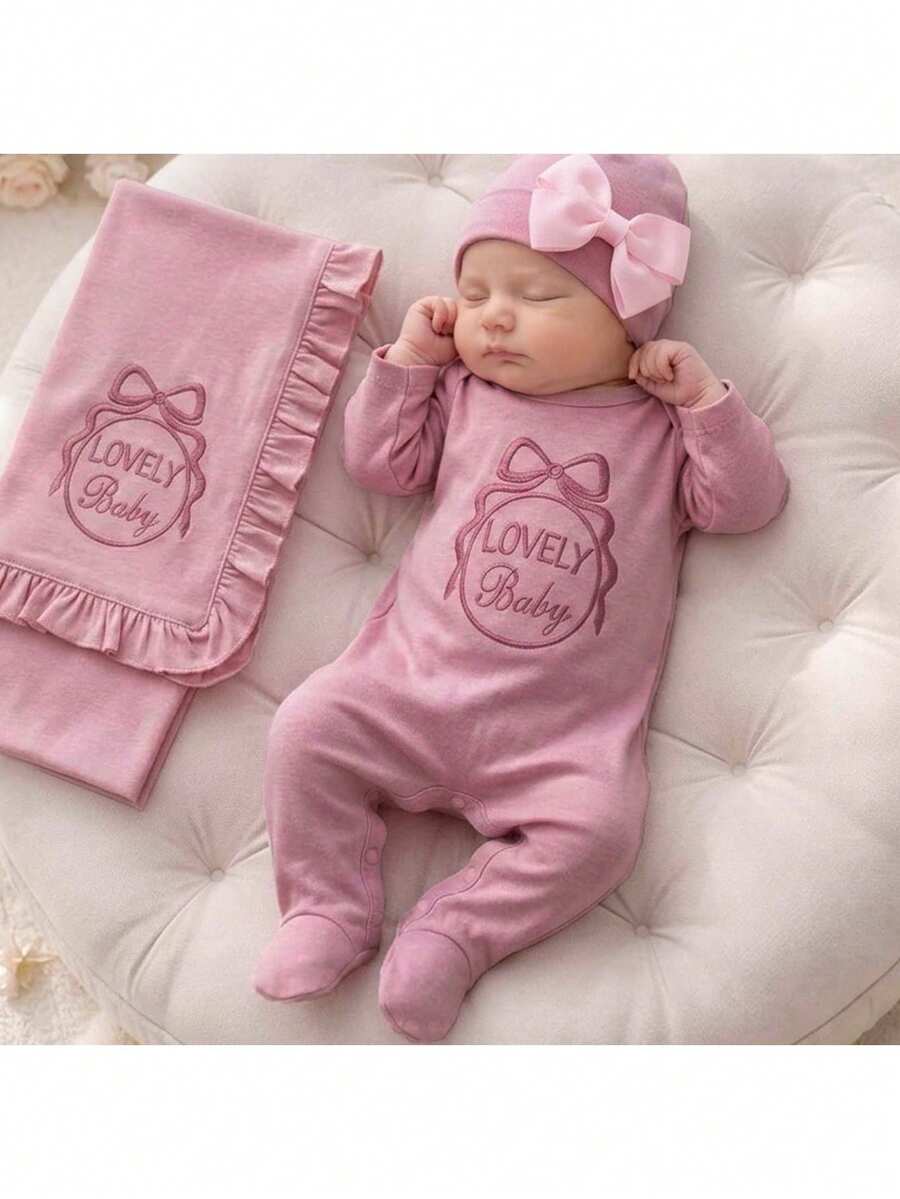 SHEIN Newborn Baby Boy/Girl Baby Girl 1pc Fall Outfits Long Sleeve Round Neck Bow Letter Embroidery Jumpsuit - Pink - View 1