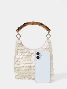 SHECARRY LADIES FASHION BEIGE HANDBAG, VINTAGE BAMBOO HANDBAG, SHELL PIECE DECORATION, FOR SUMMER VACATION, TRAVEL, SEASIDE, BEACH, BOHEMIAN, PARTY - Beige - View 5