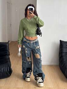 Coolane 女款時尚極簡純色抓皺腰圓領運動衫 - 軍綠色 - 查看 5