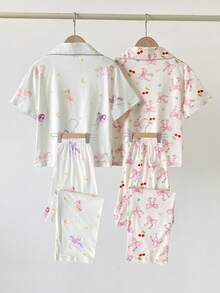 4件組女童睡衣，鈕扣式翻領休閒服，長袖長褲，印花款，春秋款 - 杏色 - 查看 2