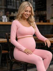 SHEIN Maternity Solid Color Long Sleeve Top And Elastic Long Pants Set Fall - Pink - View 2