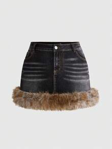 ROMWE Fairycore Rok Mini Denim Bulu Imitasi Motif Leopard Ukuran Besar dengan Bordir dan Hiasan Berlian Imitasi - Hitam - View 1