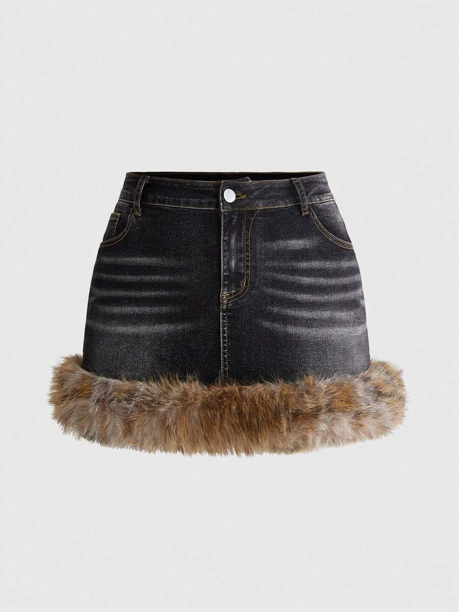 ROMWE Fairycore Rok Mini Denim Bulu Imitasi Motif Leopard Ukuran Besar dengan Bordir dan Hiasan Berlian Imitasi - Hitam - View 1