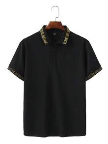 Manfinity Homme Men's Plus Size Polo Shirt With Geometric Pattern, Suitable For Dating, Vacation, Party, Beach, Daily Wear, Gathering, Outdoor Activities, Commuting, Street Style - Black - View 4