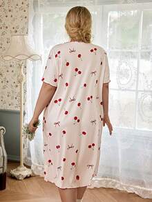 CottageSlumber Plus Size Women's Frill Trim Ribbed Knit Cherry Print Nightgown - White - View 3