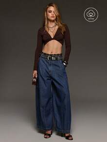 BAD SUNDAY Women's Fashion Versatile Button Pocket Loose Wide Leg Denim Jeans - Dark Wash - View 2