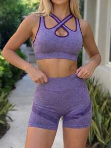 Fluxe Women's Contrast Color Splice Hollow Out Sports Set Polewear - Purple - View 5