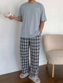 DAZY 男士夏季銀灰色短袖T恤與格紋長褲居家休閒套裝睡衣 - 彩色 - 查看 10
