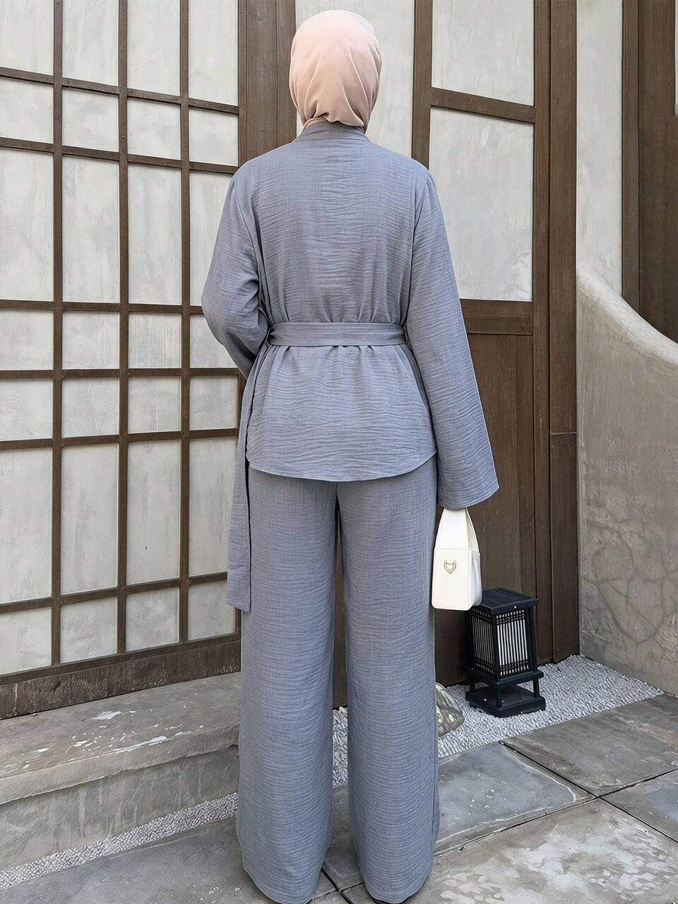 Women's Solid Color Stand Collar Long Sleeve Top And Wide Leg Pants Casual Daily 2 Pieces Set Summer