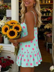 SHEIN EZwear 女士复古绿底粉色波点V领无袖连衣裙，饰有褶皱花卉图案和层叠荷叶边下摆，优雅的法式海滩度假风，性感迷人，适合派对、音乐节、情人节约会，春夏休闲浪漫迷你连衣裙 - 彩色 - 查看 7