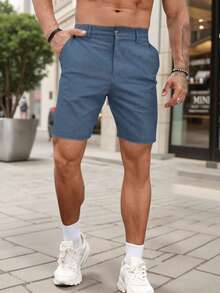 Manfinity Homme Pantalones cortos casuales versátiles de unicolor con bolsillo y botones para uso diario y viajes para hombres - Azul - Ver 3