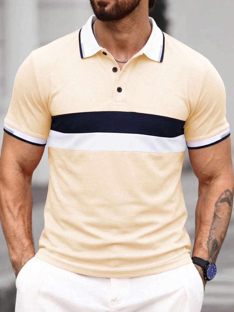 Manfinity Homme 男士夏季休閒對比色條紋短袖 Polo 衫 - 彩色 - 查看 1