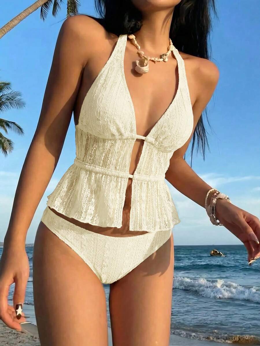 SHEIN MOD 女款夏季海灘蕾絲純色掛脖式分體式比基尼上衣與三角比基尼褲兩件式泳衣套裝