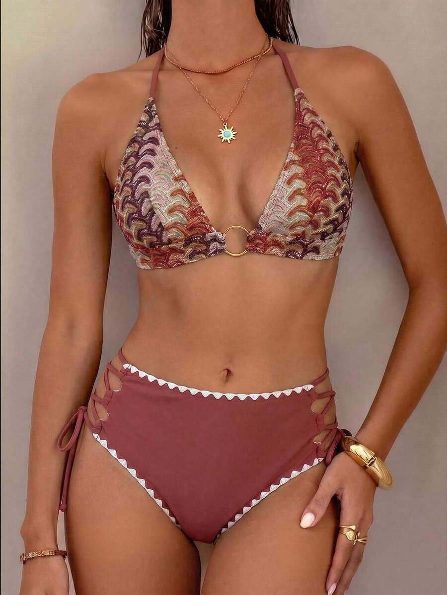 Swim Chiccia 春夏針織提花三角無鋼圈掛脖上衣與側綁帶高腰比基尼泳褲女款海灘度假泳裝套裝 - 玫瑰紅 - 查看 1