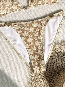 Bonvoyette Conjunto de Maiô Bikini Floral Jacquard com Taça Triangular e Efeito Emagrecedor para Mulheres, Águas Termais & Férias - Café - Visão 7