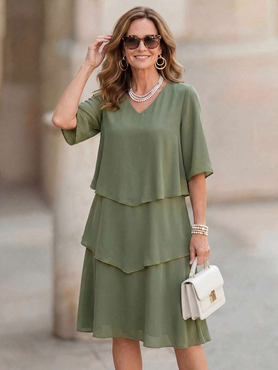 Solid Color V-Neck Casual Daily Summer Dress For Middle-Aged And Elderly Women