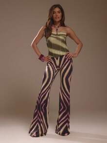 MUSERA Multi Colour Zebra Printed Slinky Flared Low Rise Pants Summer Holiday Ibiza Festival Zarina Autumn Fall Winter - Multicolor - View 2