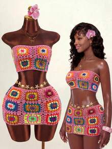2pcs/Set Spring Summer Crochet Granny Square Pattern Design Bandeau Backless Mini Skirt Beach Vacation Women's Cover-Up Set - Pink - View 1