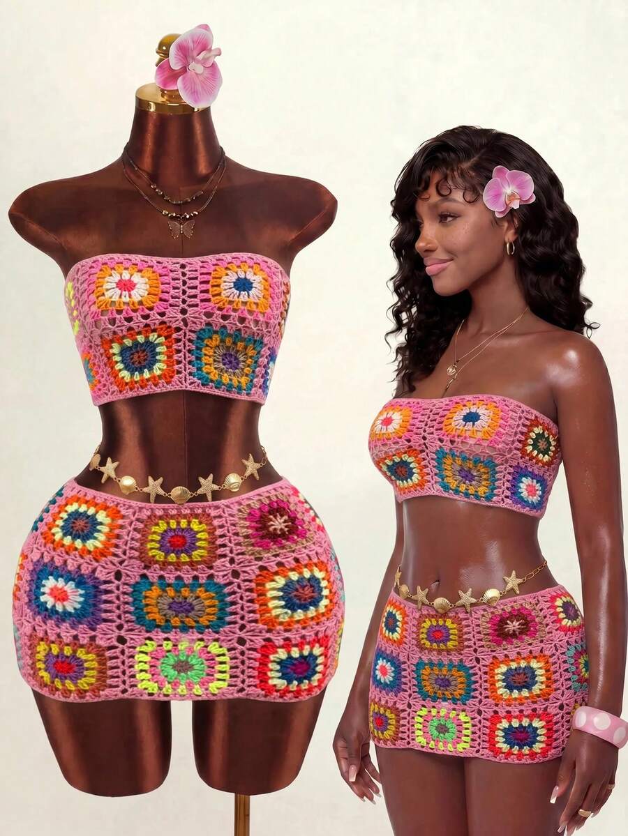 2pcs/Set Spring Summer Crochet Granny Square Pattern Design Bandeau Backless Mini Skirt Beach Vacation Women's Cover-Up Set - Pink - View 1