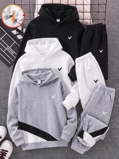 SHEIN 2pcs Tween Boy Children's Clothing Boys Hoodie Boys Clothing Boys Sweatpants Autumn/Winter Patchwork Hoodie Sweatshirt Sweatpants 2-Piece Set Ultra High Cost-Performance Suitable For Commuting School Daily Casual College Travel Sports