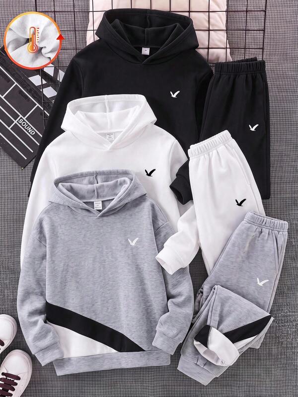 SHEIN 2pcs Tween Boy Children's Clothing Boys Hoodie Boys Clothing Boys Sweatpants Autumn/Winter Patchwork Hoodie Sweatshirt Sweatpants 2-Piece Set Ultra High Cost-Performance Suitable For Commuting School Daily Casual College Travel Sports