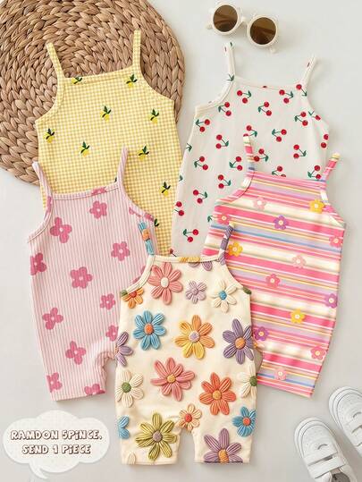 SHEIN Baju Terusan Bayi Perempuan Kasual Sederhana Lucu Menyenangkan Bertekstur Bunga, Bermotif, Model Camisole, Cocok untuk Musim Semi dan Musim Panas, Blind Box, Set Multi-Potong, Grafis, Kawaii, Nyaman, Vintage, Santai, Y2k, Lembut,