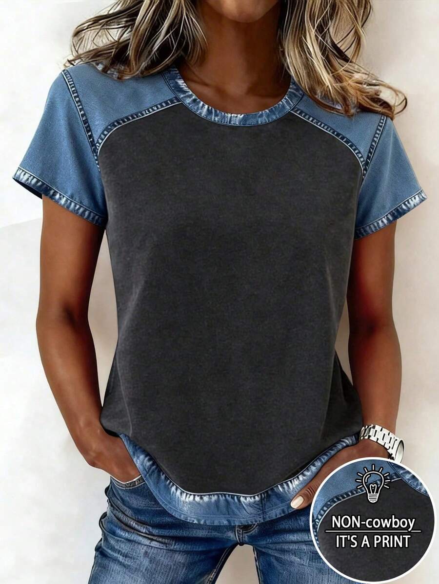 EMERY ROSE Women's Round Neck Color Block Casual Versatile Daily Wear Short Sleeve T-Shirt - Multicolor - View 1