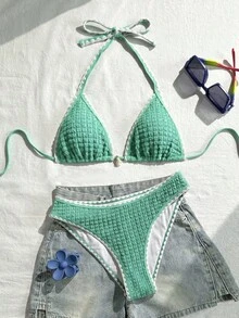 Swim Vcay 女款兩件式泳衣套裝，特殊面料，掛脖綁帶，露背，貝殼設計，夏季度假海灘 - 彩色 - 查看 3