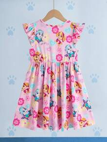 SHEIN | PAW Patrol Young Girl Cartoon Print Round Neck Flutter Sleeve Dress - Pink - View 2