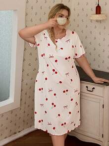 CottageSlumber Plus Size Women's Frill Trim Ribbed Knit Cherry Print Nightgown - White - View 5