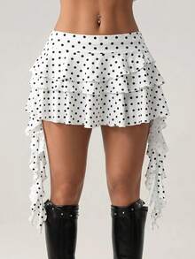 SHEIN ICON Women's Polka Dot Ruffle Hem Fashion Versatile Date & Travel Mini Skirt - Black and White - View 1