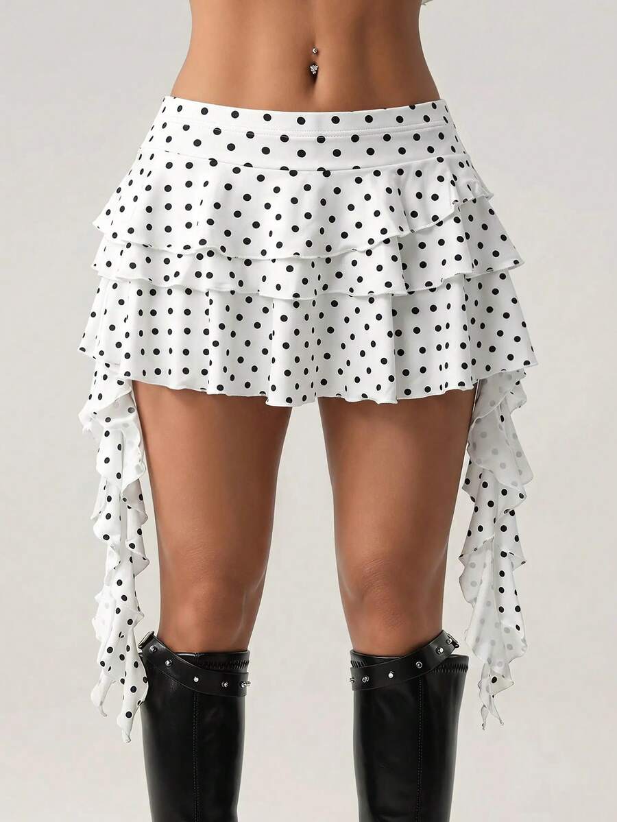 SHEIN ICON Women's Polka Dot Ruffle Hem Fashion Versatile Date & Travel Mini Skirt - Black and White - View 1