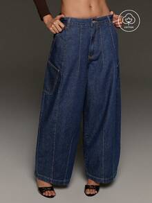 BAD SUNDAY Women's Fashion Versatile Button Pocket Loose Wide Leg Denim Jeans - Dark Wash - View 1