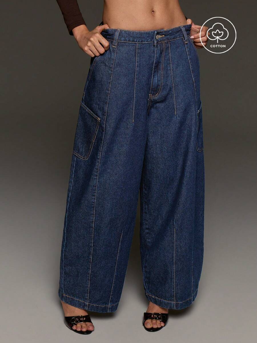 BAD SUNDAY Women's Fashion Versatile Button Pocket Loose Wide Leg Denim Jeans - Dark Wash - View 1