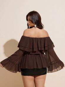 Viva Relle Plus-Size Plus Size Women's Off-Shoulder Double-Layered Ruffled Sensual Top Fall - Brown - View 6